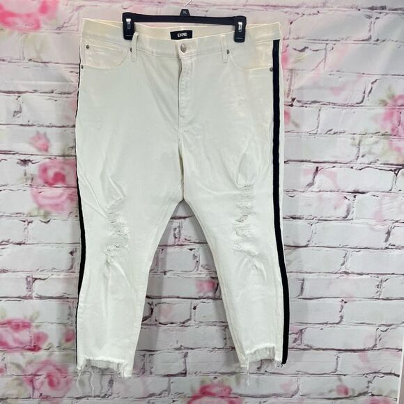 🔥🔥5 for $25🔥🔥 Express Mid-Rise Cropped Distressed White Black Side Stripe jeans - Picture 2 of 8